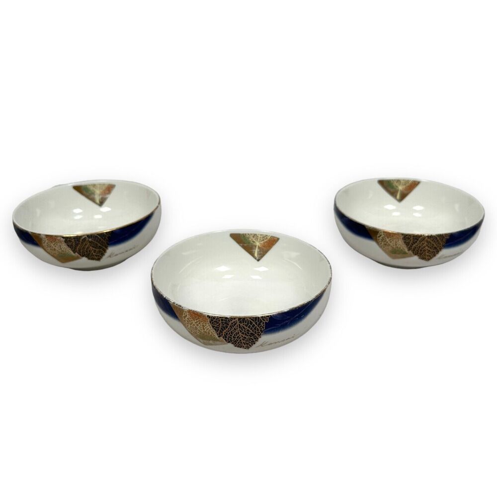 Kansai‎ Fine China Japan Gold Rim Orange Leaves Rice Bowls Lot Of 3 Blue White